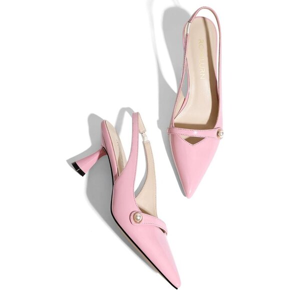 🆕Pink Faux Leather Slingback Kitten Heel Pumps, Pearl Pointed Toe for Wedding - Picture 5 of 7
